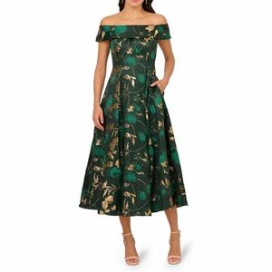 Adrianna Papell Green and Gold Off-Shoulder Midi Dress